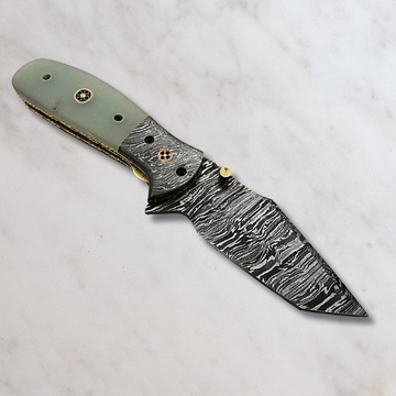 Custom Handmade Damascus Folding Knife with Camel Bone Handle and Leather Sheath-Versatile, Rust Resistant & Easy to Carry!