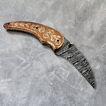 Custom Handmade Damascus Folding Knife with Dyed Camel Bone and Leather Sheath