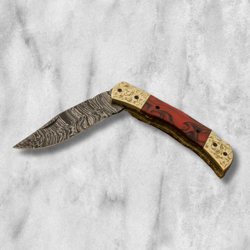 Custom Handmade Damascus Folding Knife with Engraved Steel Handle And Leather Sheath