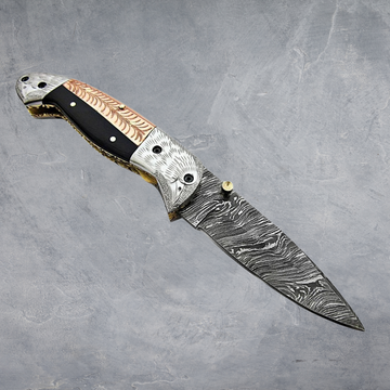 Handmade Damascus Steel Folding Pocket knife with Micarta Handle And Leather Sheath