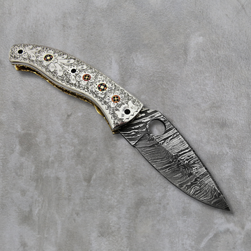 Handmade Damascus Steel Folding Knife with Camel Bone Handle