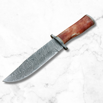 Historic Hunter's Choice- Damascus Hunting Knife with Camel Bone Handle & Leather Sheath for Durability!