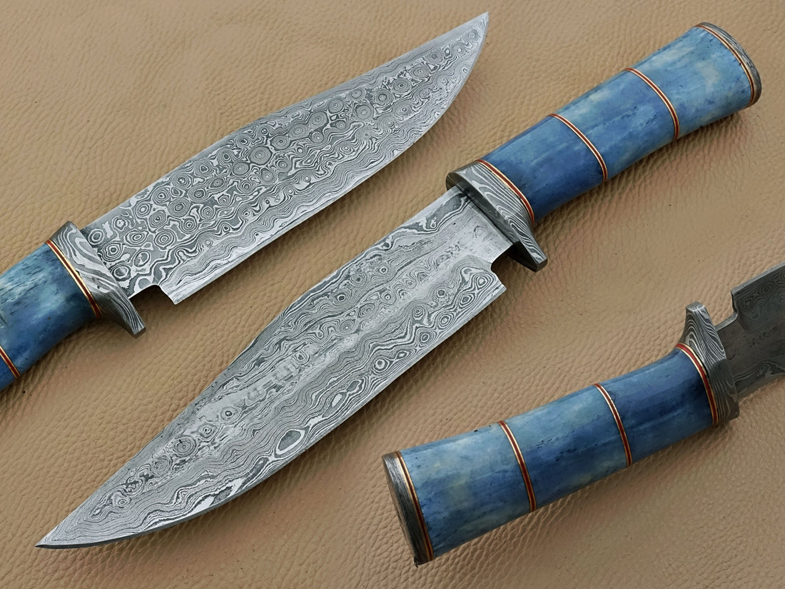 Hunter's Choice- Damascus Hunting Knife with Camel Bone Handle & Leather Sheath for Durability!