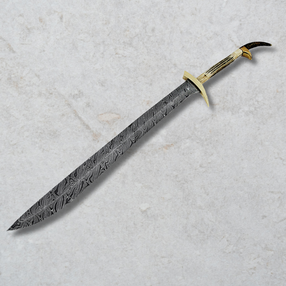 36-Inches Custom Handmade Damascus Steel Sword - Patterned Design, Stag Horn Handle & Leather Sheath