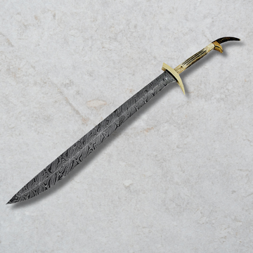 36-Inches Custom Handmade Damascus Steel Sword - Patterned Design, Stag Horn Handle & Leather Sheath