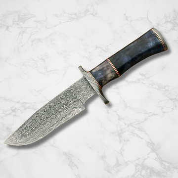 Antique Damascus Steel Hunting Knife - Rose Wood & Olive Wood Handle with a Leather Sheath