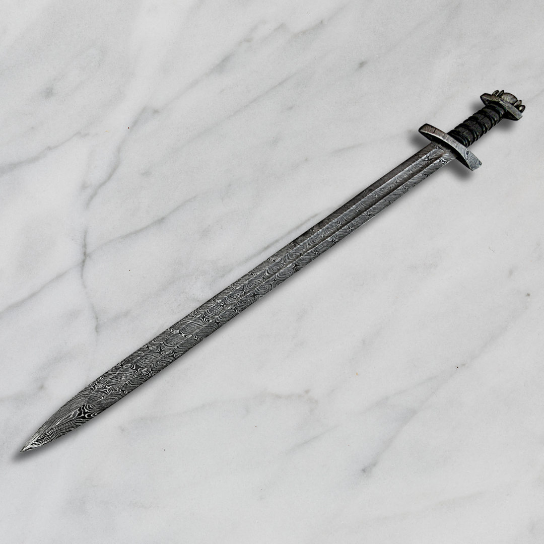 Artfully Engraved  Handmade Viking Sword- Made with Damascus Steel & Black-Bone Handle Wrapped With Leather Sheath