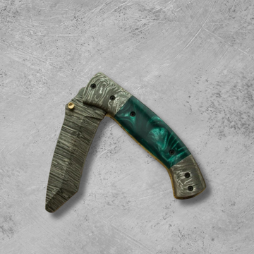 Custom Handmade Damascus Folding Knife with Buffalo Horn Handle and Eagle Shaped Engraved Brass Bolsters With Leather Sheath!