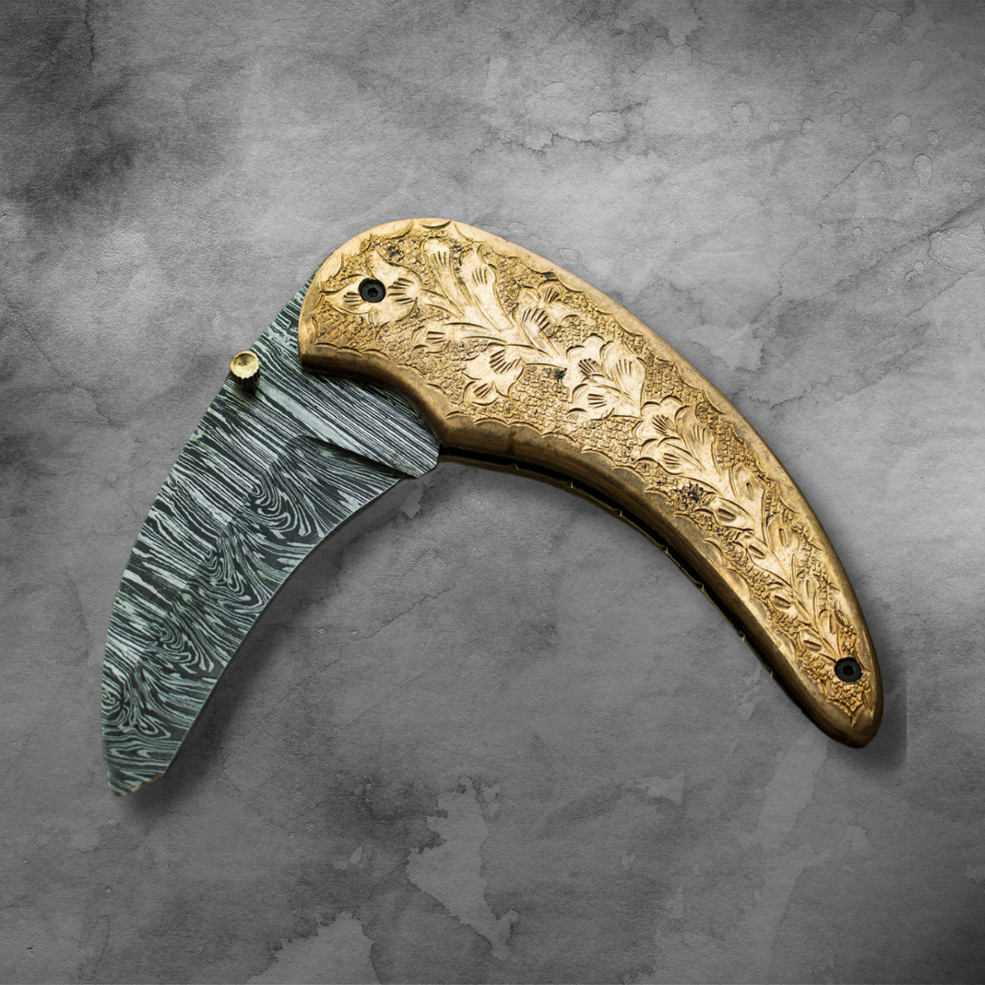 Custom Handmade Damascus Folding Knife with Camel Bone Handle and Leather Sheath