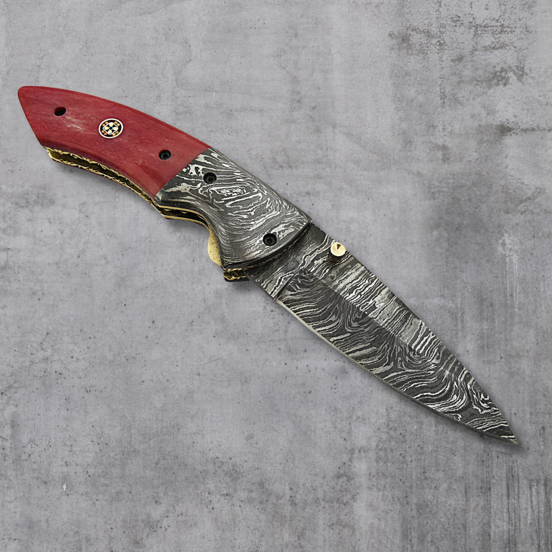 Custom Handmade Damascus Folding Knife with Rams Horn Handle And Leather Sheath