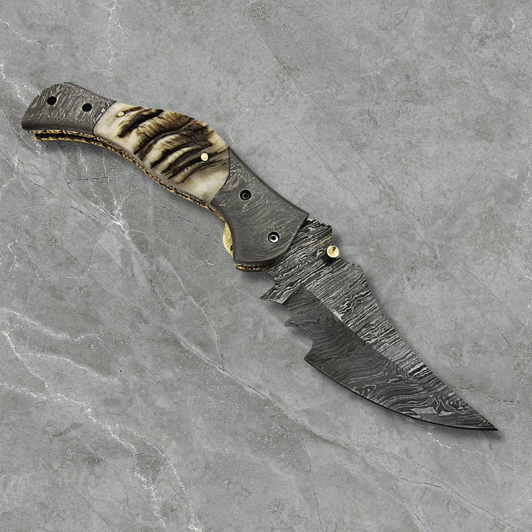 Custom Handmade Damascus Pocket Knife With Red Camel Bone Handle And Leather Sheath