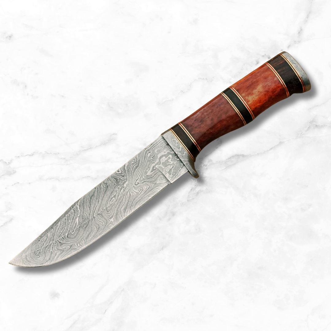 Hand-Forged Bowie Damascus Knife With Premium Rosewood and Camel Bone Handle, Ideal as a Present!