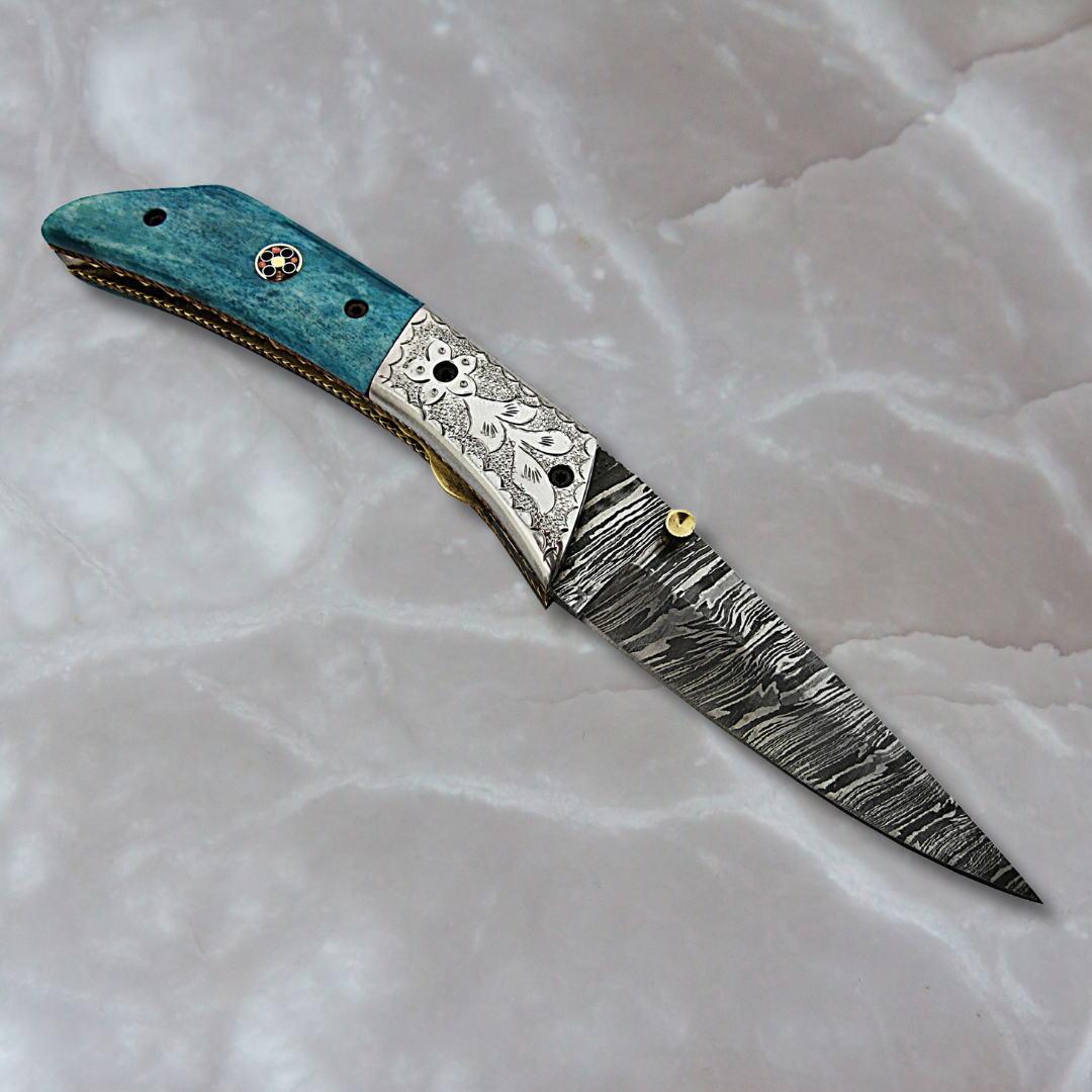 Handmade Damascus Steel Folding Knife with Micarta Handle And Brass Bolsters