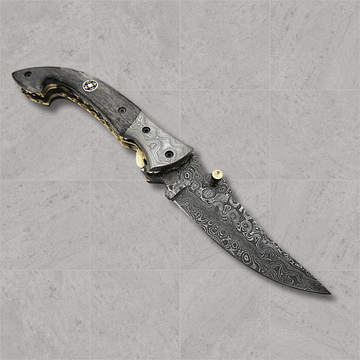 Handmade Damascus Steel Folding Pocket Knife with G-10 Handle and Leather Sheath