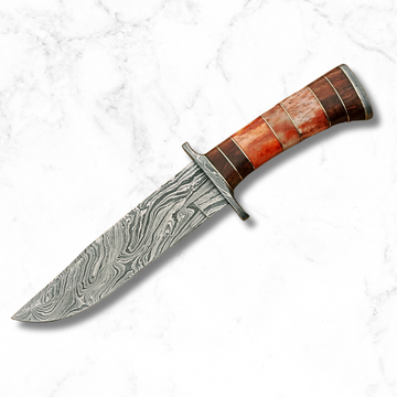 Handmade Damascus Steel Hunting Knife- Razor Sharp Blade, Camel Bone Handle, Protected with Leather Sheath!