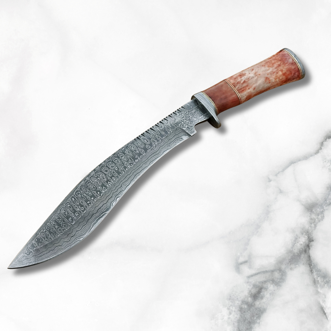 Historic Delicacy for Hunters-Hand-Forged Damascus Hunting Knife with Camel Bone Handle & Durable Leather Sheath