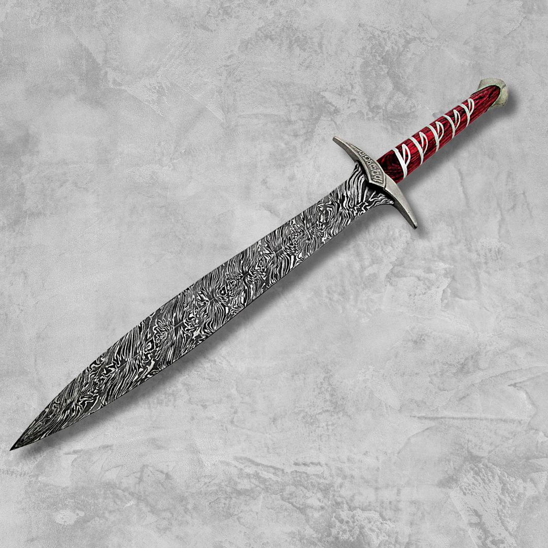 Hot Seller! Custom Handmade Damascus Steel Viking Sword with Red Pakka Wood Handle & Leather Sheath!