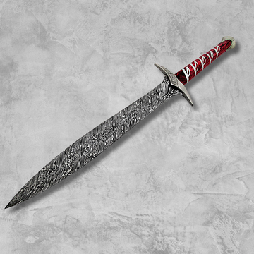 Hot Seller! Custom Handmade Damascus Steel Viking Sword with Red Pakka Wood Handle & Leather Sheath!