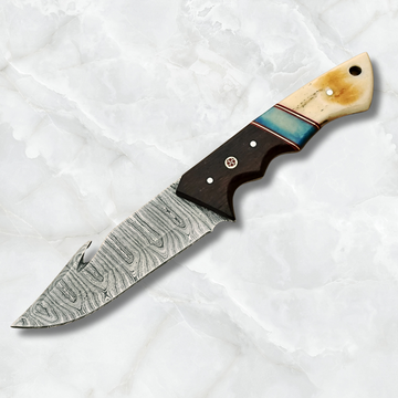Hunt in Style With Our 13-Inch Handmade Damascus Hunting Knife with Camel Bone Handle & Leather Sheath!