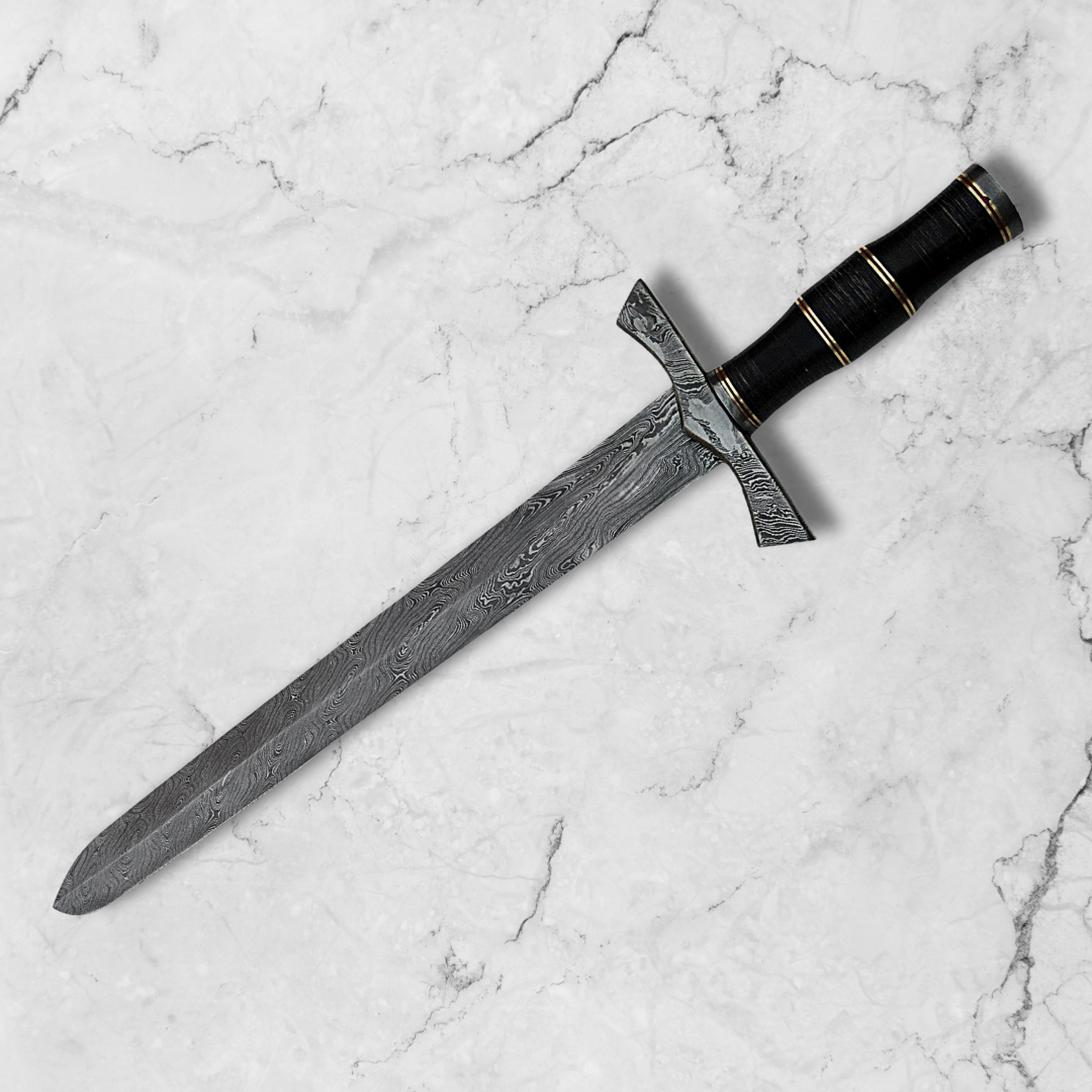 Top Seller-30-Inches Handmade Damascus Steel Viking Sword with Black-Bone Handle & Leather Sheath