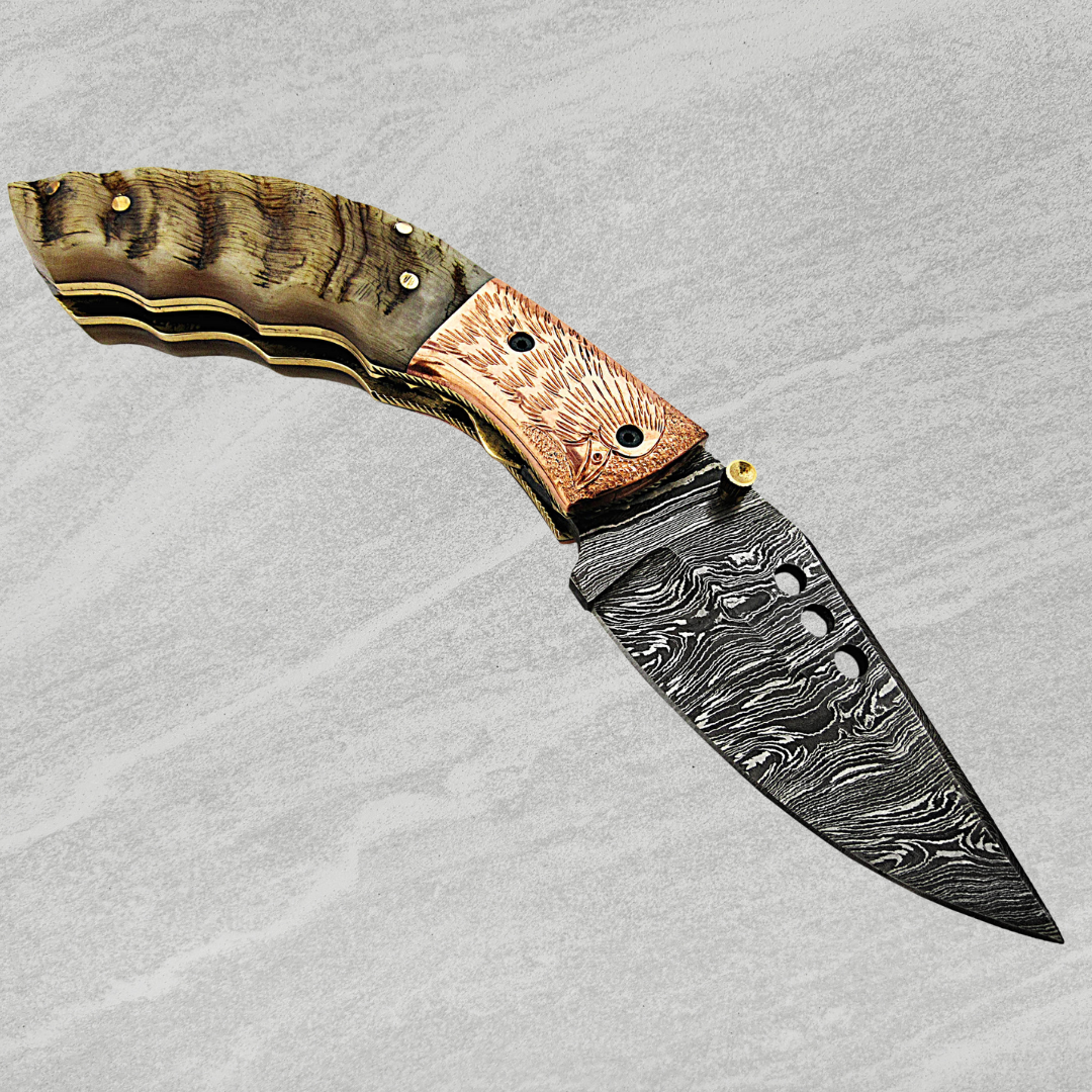 Traditional Custom Handmade Damascus Folding Knife with Blue Camel Bone Handle and Leather Sheath!